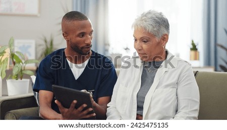 Homecare, tablet or nurse with senior woman on sofa for internet, help or checking sign up service guide for home consultation request. Digital, app and man caregiver showing patient service options