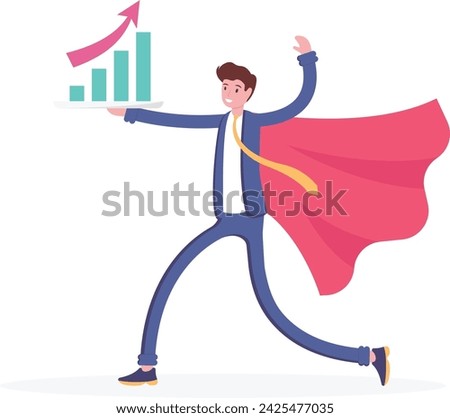 Super businessman flying and holding growing graph into the sky, vector illustration cartoon
