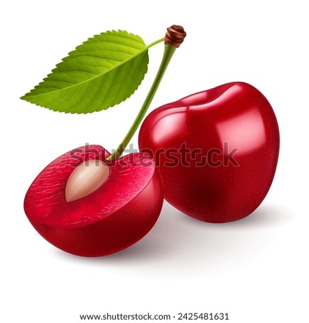 Ripe red sweet cherries with smooth skin, juicy light red flesh, and small pit Royalty-Free Stock Photo #2425481631