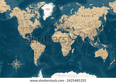World Map - Highly Detailed Vector Map of the World. Ideally for the Print Posters. Dark Blue Golden Beige Retro Style. With Relief and Depth Royalty-Free Stock Photo #2425485335