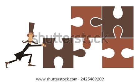 Man in the top hat solving the puzzle. 
Cartoon long mustache man in the top hat holding puzzle piece and connecting idea. Isolated on white background
