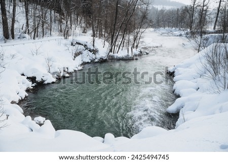 A river flows through a snowy forest, surrounded by snowcovered trees. The landscape is frozen and serene, with twigs poking out of the white blanket