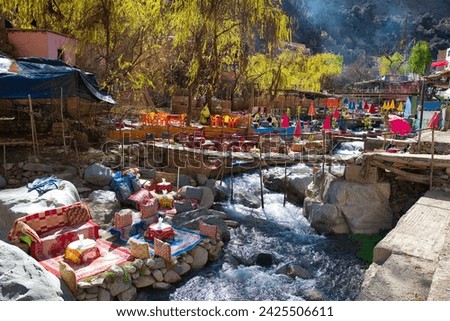 Setti Fatma, Ourika Valley, Morocco; 27th december 2023: colourful outdoor restaurants with tables overlooking the river 