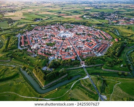 Aerial drone view of the Fortress of Palmanova in Italy. Unesco World Heritage. Venetian Works of Defence. Royalty-Free Stock Photo #2425507627