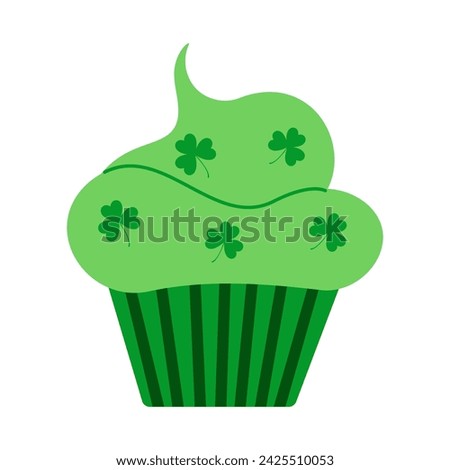 Cupcake with green shamrocks. St. Patrick’s Day. Vector illustration isolated.	