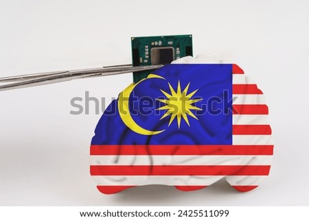 On a white background, a model of the brain with a picture of a flag - Malaysia,a microcircuit, a processor, is implanted into it. Close-up