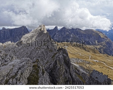 Panoramic view of the mountain landscape in the alps, Averau Mountains, peak at Averau-Nuvolau, Dolomites, Italy