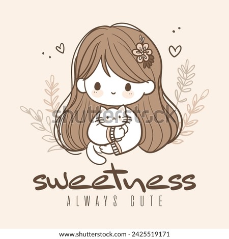 Scandinavian style hand drawn cute girl and cat design. Beautiful design for children's clothing, stickers and various print areas.