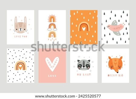 Cute Boho cards with Letterings and boho animals for your design - Dream big, love, oh baby and others. Childish hand drawn prints. Nursery theme, Vector illustration.