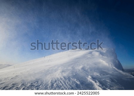 Dumbier, Nizke Tatry, Low Tatras, Slovakia. Heavy wind and windstorm on the top of mountain. Extreme weather on the peak and summit in the winter. Flying snow as blurred smudges. Vignetting.