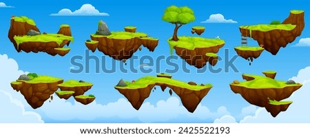 Floating island, game platforms and arcade levels with trees and grass, cartoon vector. Island rocks flying in sky or levitating with ladders and jump platforms for adventure game level interface Royalty-Free Stock Photo #2425522193