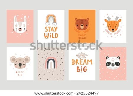 Cute Boho cards with Letterings and boho animals for your design - Dream big, stay wild and others. Childish hand drawn prints. Nursery theme, Vector illustration.