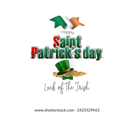 Holiday design, background with handwriting texts, green hat with orange ribbon and golden coins for St. Patrick's day celebration. Vector illustration