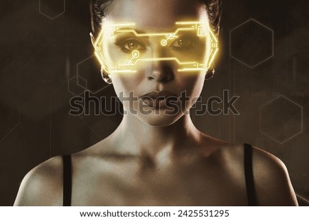 Creative futuristic collage of lady wear illuminated goggles in metaverse reality black background