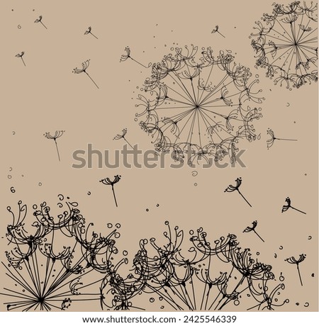 dandelions on a tea-colored background.beige background.hand drawn .linear design.scattering seeds. design.dandelions in perspective.vector illustration EPS10