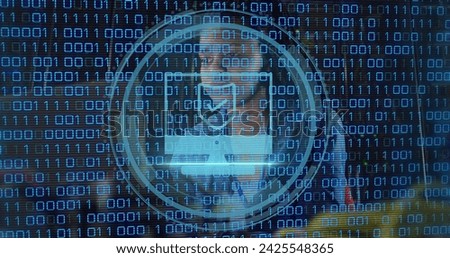 Image of data processing over african american female worker in server room. Global business and digital interface concept digitally generated image.
