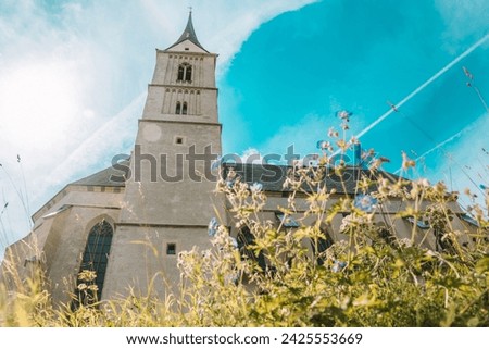 Church of St. Leonard and meadow flowers and herbs on blue sky background.Catholic Church architecture outside.Christian and catholic faith symbol.Religious symbol.
