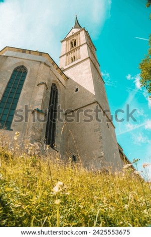 Church in a meadow flowers and herbs on blue sky background.Catholic Church architecture outside.Christian and catholic faith symbol.Religious symbol.Church building in Gothic style on blue sky