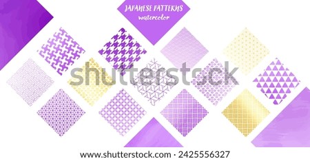 Watercolor-style Japanese pattern, purple and gold square material set
