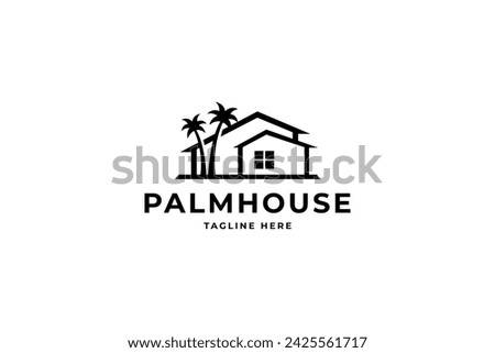 palm house logo vector icon illustration, house with palm tree logo vector, tropical beach house or hotel icon design illustration in flat vector design style