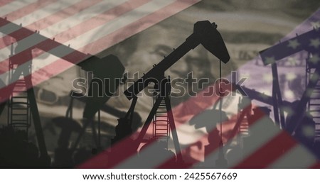 Image of pump jacks over american flag. Oil business, energy, transport, finance and economy concept digitally generated image.