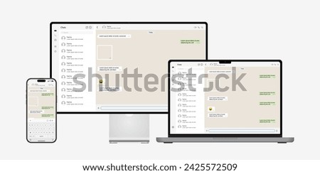 Notebook computer, desktop, and smartphone with messenger application on the screen. Messenger conversation mockup. Messager and SMS UI template and communication in social media network. Vector.