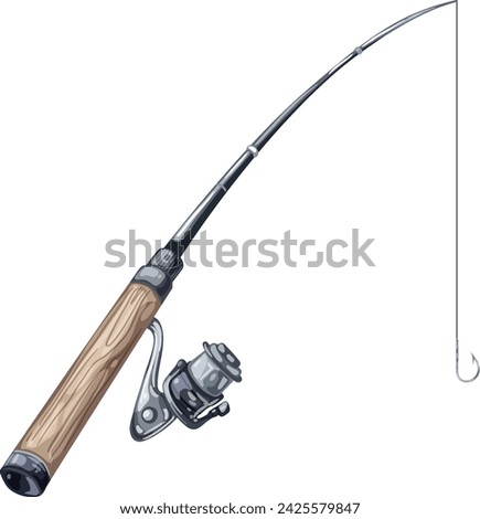 Detailed vector of a fishing rod with reel and hook.