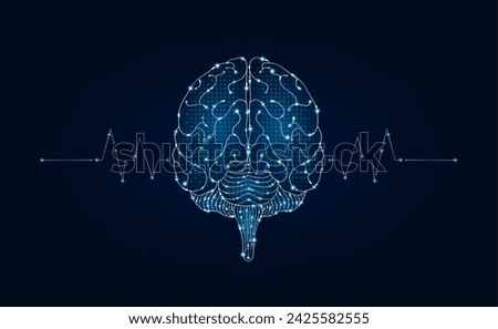 Electronic brain and pulse wave glowing between connecting lines. Human organ microchip data circuit code. Medical science of technology futuristic digital innovative health care. Vector EPS10.