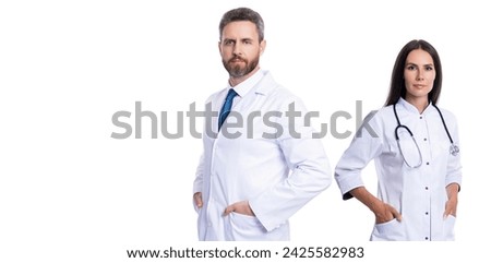 professional physician in white coat with medical woman. medicine and healthcare. doctor at hospital. two doctor in medical practice. doctor with stethoscope isolated on white. copy space banner