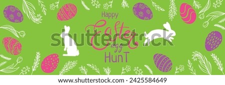 easter eggs, bunny banner.  Happy Easter egg hunt for poster, cover, postcard, banner, Restaurant, cafe menu, holiday decoration, greeting card, web banners, packages, Colored eggs, rabbits, grass