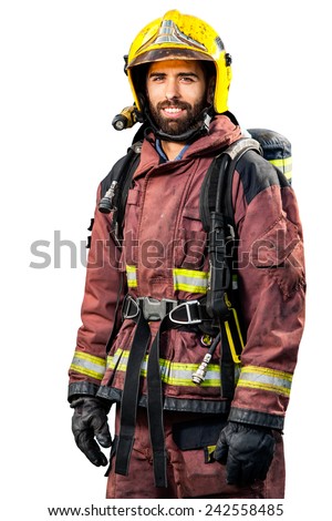 Fireman in fire fighting gear isolated on white background.