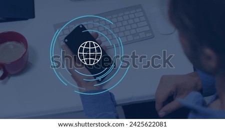 Image of globe icon over caucasian businessman using smartphone in office. Global business and digital interface concept digitally generated image.