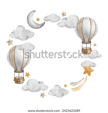 Hot Air Balloons, crescent moon, clouds and stars. Children's background. Cute watercolor isolated frame for kid's goods, postcards, baby shower and children's room