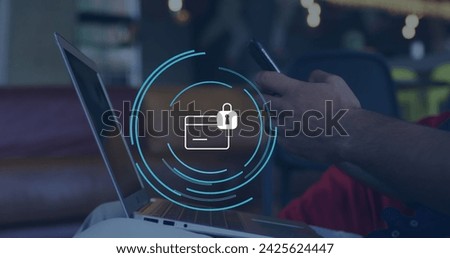 Image of credit card icon over caucasian businessman using smartphone in office. Global business and digital interface concept digitally generated image.