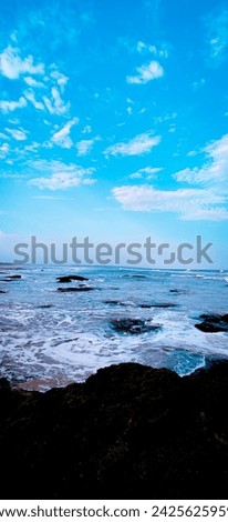 watermark, beach, blue sky, caves, algae sea, different view 