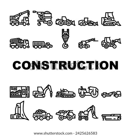 construction vehicle heavy icons set vector. excavator machinery, bulldozer tractor, machine digger yellow loader, shovel, land construction vehicle heavy black contour illustrations