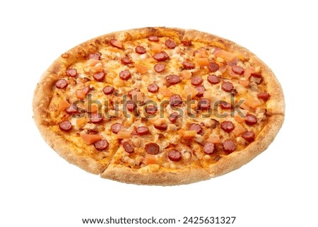 Delicious classic italian Pizza with sausages, chicken, pepper and cheese mozzarella. Fresh italian classic original pizza isolated on white background.