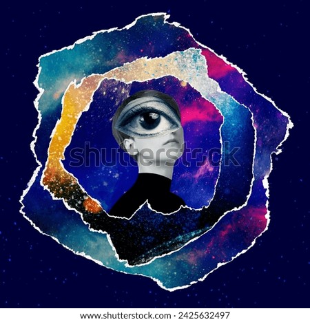 Woman in science. Female astrophysicist, fusion explore space, astronomical objects. Concept of travel - art collage or design about space and research Royalty-Free Stock Photo #2425632497