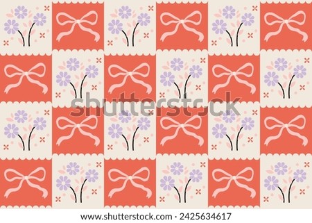 Coquette pastel seamless pattern design with bow and flowers illustration. Soft cute girly repeat motif vector.