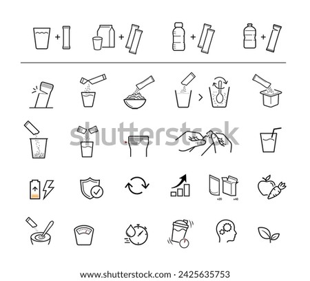 Icons of stick package bag set with samples, preparation instructions. Vector elements for infographics. Set of sign for detailed guideline. Ready for your design. EPS10. Royalty-Free Stock Photo #2425635753