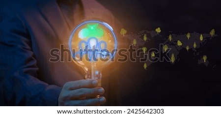 Neon illustration group of businessman, above show ESG icon, tree and world map background. Their are in lightbulb, handle by human hand. The ESG, safe earth, green energy concept.