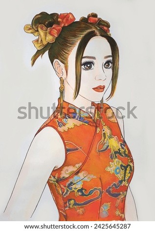 Cartoon drawing of a woman red cheongsam dress Chinese New Year festival of Chinese people Draw a picture in the Japanese manga style. It is a drawing of a beautiful woman with big, round eyes.