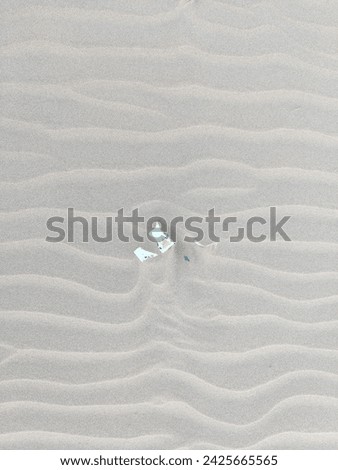 Plastic waste is buried in the wavy beach sand forming a pattern