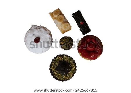 pastry shop desserts top angle shot, isolated on white background