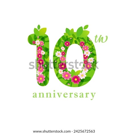 Cute floral number 10. 10th anniversary logo concept. Creative sign with flowers and leaves. Transparent elements and white background. 1 and 0 with isolated clipping mask. Up to 10 percent off idea.