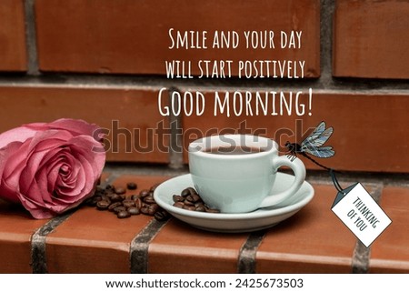  Mug of coffee, grains. Smile and your day will start positively. Good morning.