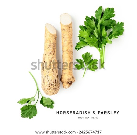 Horseradish and parsley isolated on white background. Healing food. Immunity booster. Creative layout. Flat lay, top view. Design element. Vitamin C
