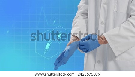 Image of medical icons and caucasian doctor wearing medical gloves on blue background. Global medicine and digital interface concept digitally generated image.
