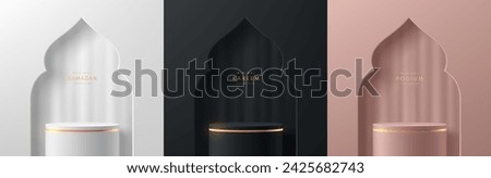 Set of ramadan kareem 3D podium background in black, silver, pink gold with gate mosque shape and soft curtain scene. Luxury mockup display presentation. Islamic Eid al Adha Mubarak festival banner.