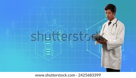 Image of medical icons and caucasian male doctor writing on clipboard on blue background. Global medicine and digital interface concept digitally generated image.